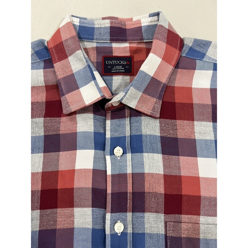 UNTUCKit Plaid Checkerboard Button Up Shirt Mens LARGE Red Blue Soft Long Sleeve